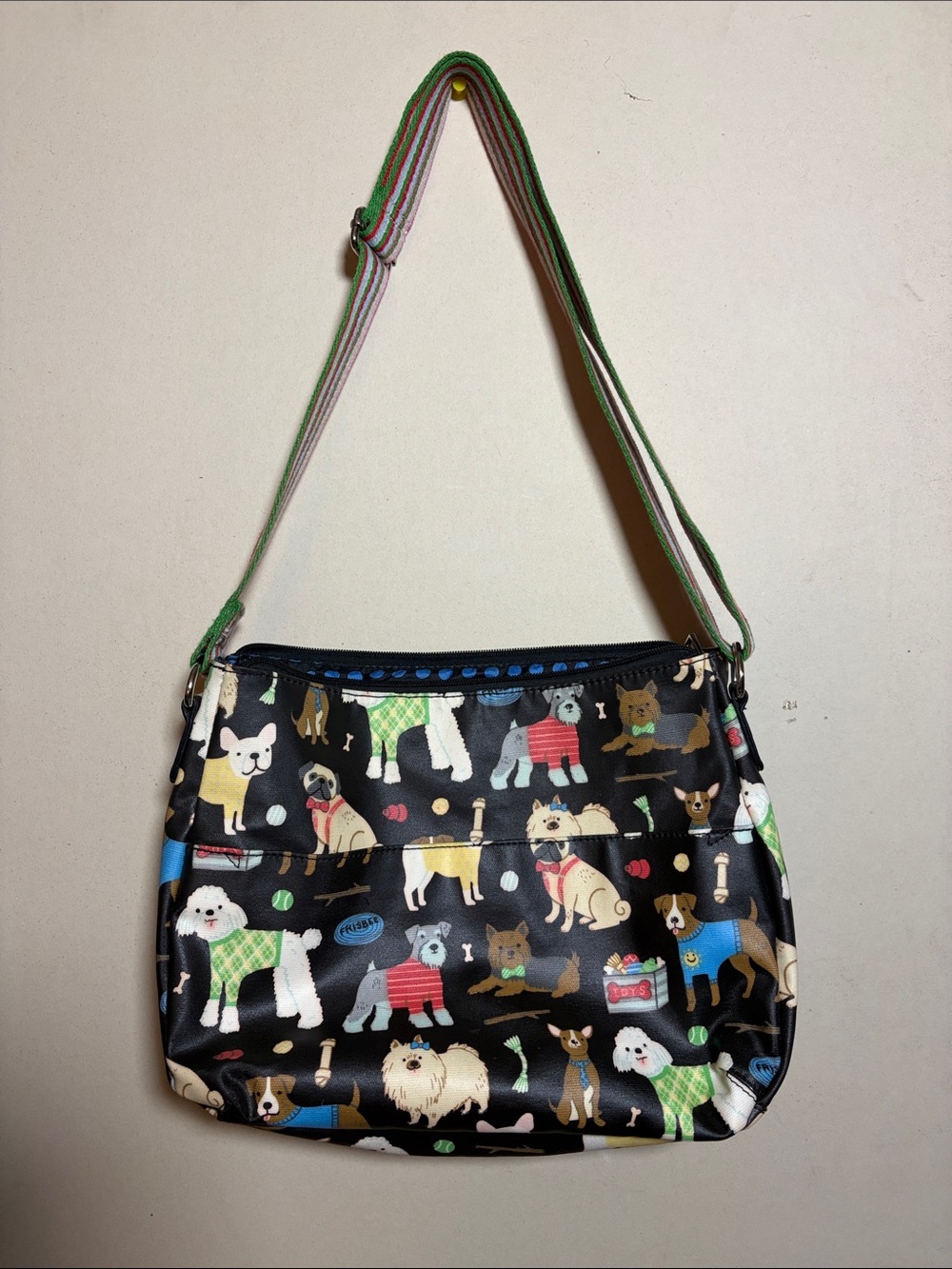 Black Dog-Print Crossbody Bag with Striped Strap Waterproof Dog Walker Purse